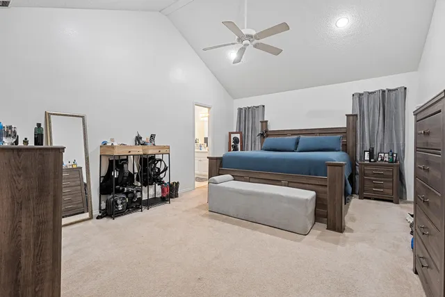 a living room with furniture a ceiling fan and a couch
