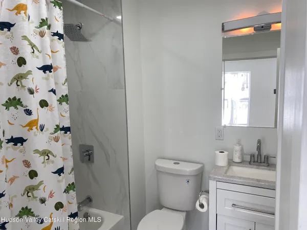 a bathroom with a toilet and a shower curtain