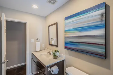 a bathroom with a sink vanity and toilet
