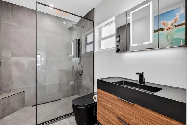 a bathroom with a sink a mirror and shower