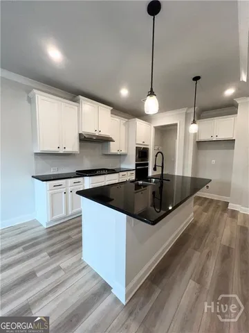 a kitchen with stainless steel appliances granite countertop a sink a stove and oven