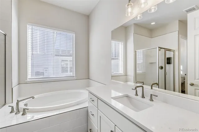 a bathroom with a bathtub a sink a vanity and a window