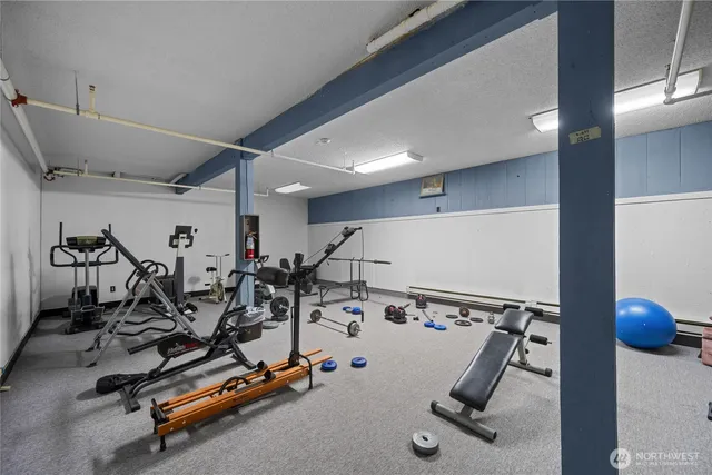 an aerial view of a and patio