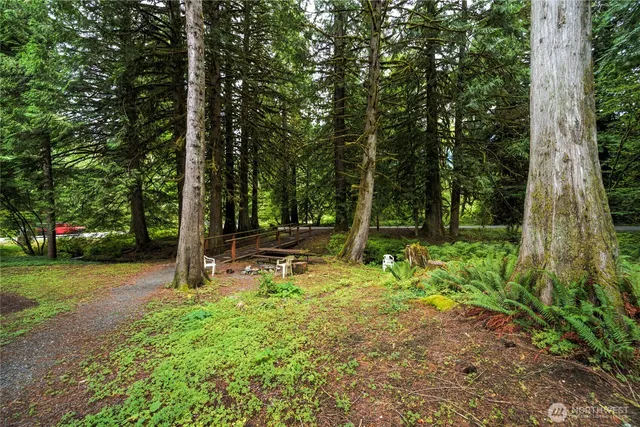an aerial view of a house with a yard and trees all around