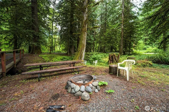 a backyard of a house with table and chairs