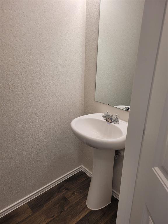 14917 Gypsum Mill Road Manor, TX 78653 - Photo 17 of 28 A well-appointed half bath features a pedestal sink and sleek wood-look flooring.