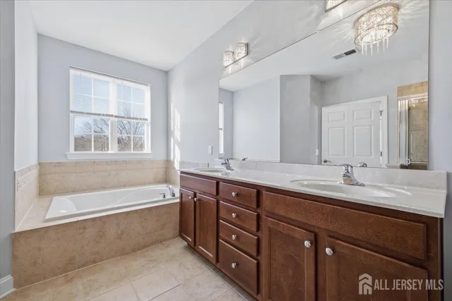a bathroom with a tub sink and mirror