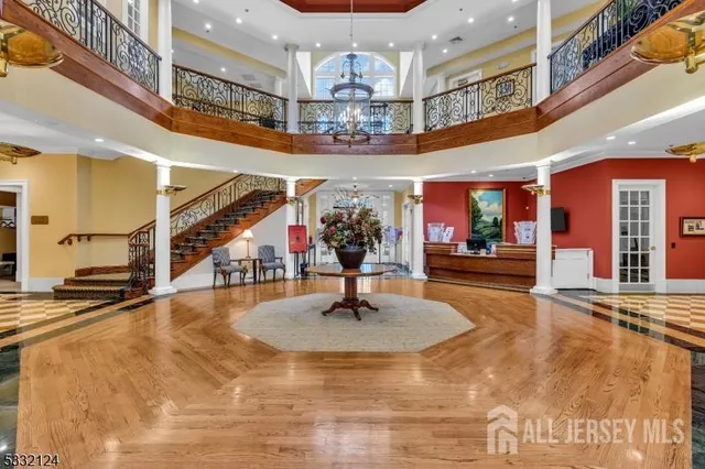 a view of lobby with chandelier