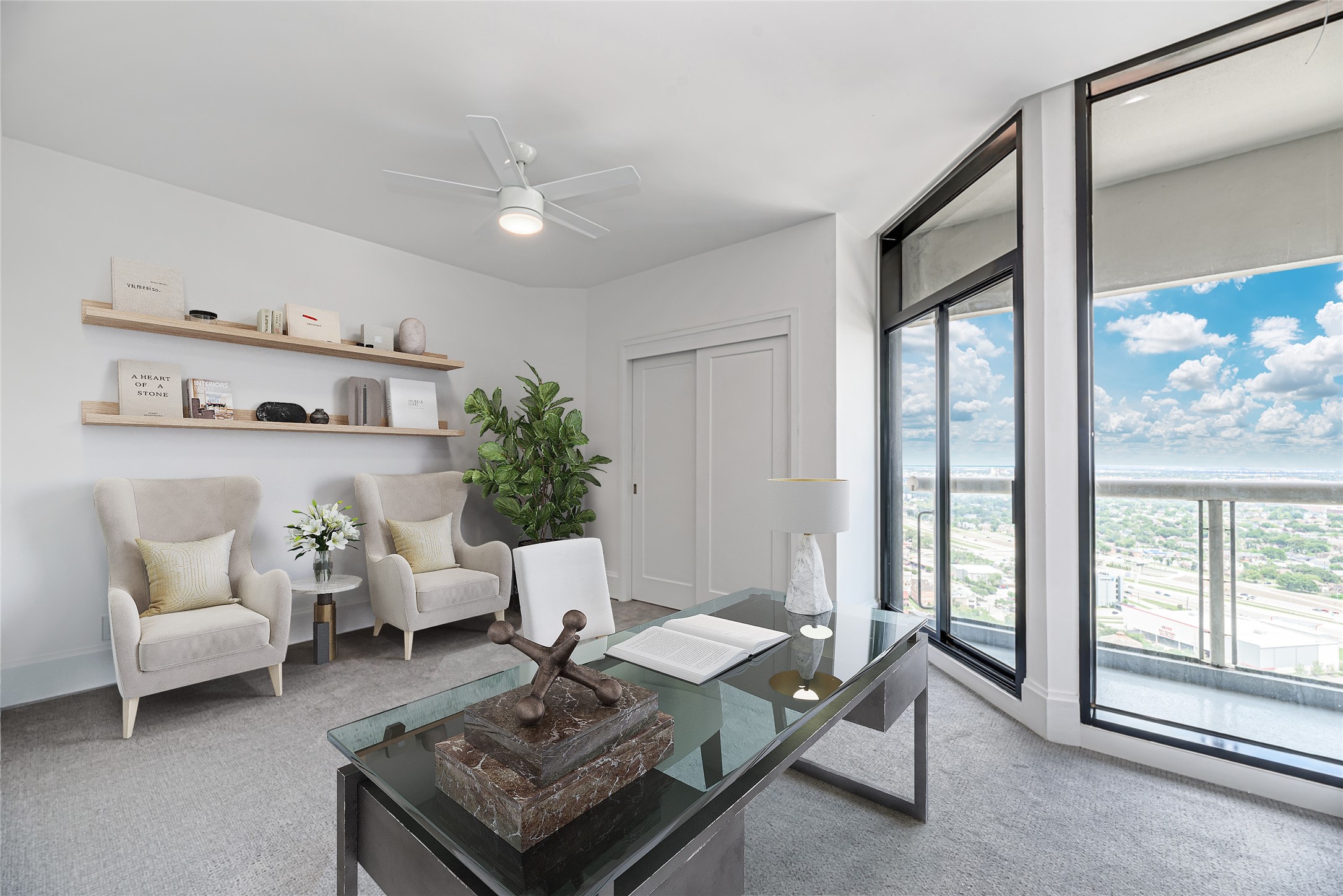 1701 Hermann Drive, Unit 34L Houston, TX 77004 - Photo 22 of 37 The third bedroom can be a perfect office or guest bedroom. Balcony access is just steps from your desk. Virtually staged photo.