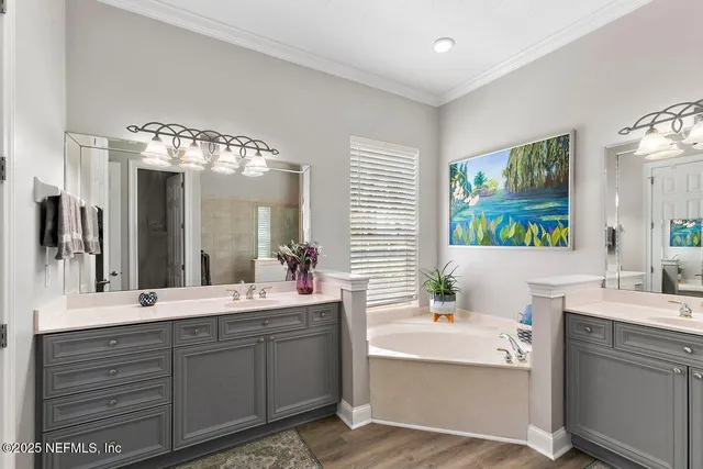a bathroom with a double vanity sink mirror and bathtub