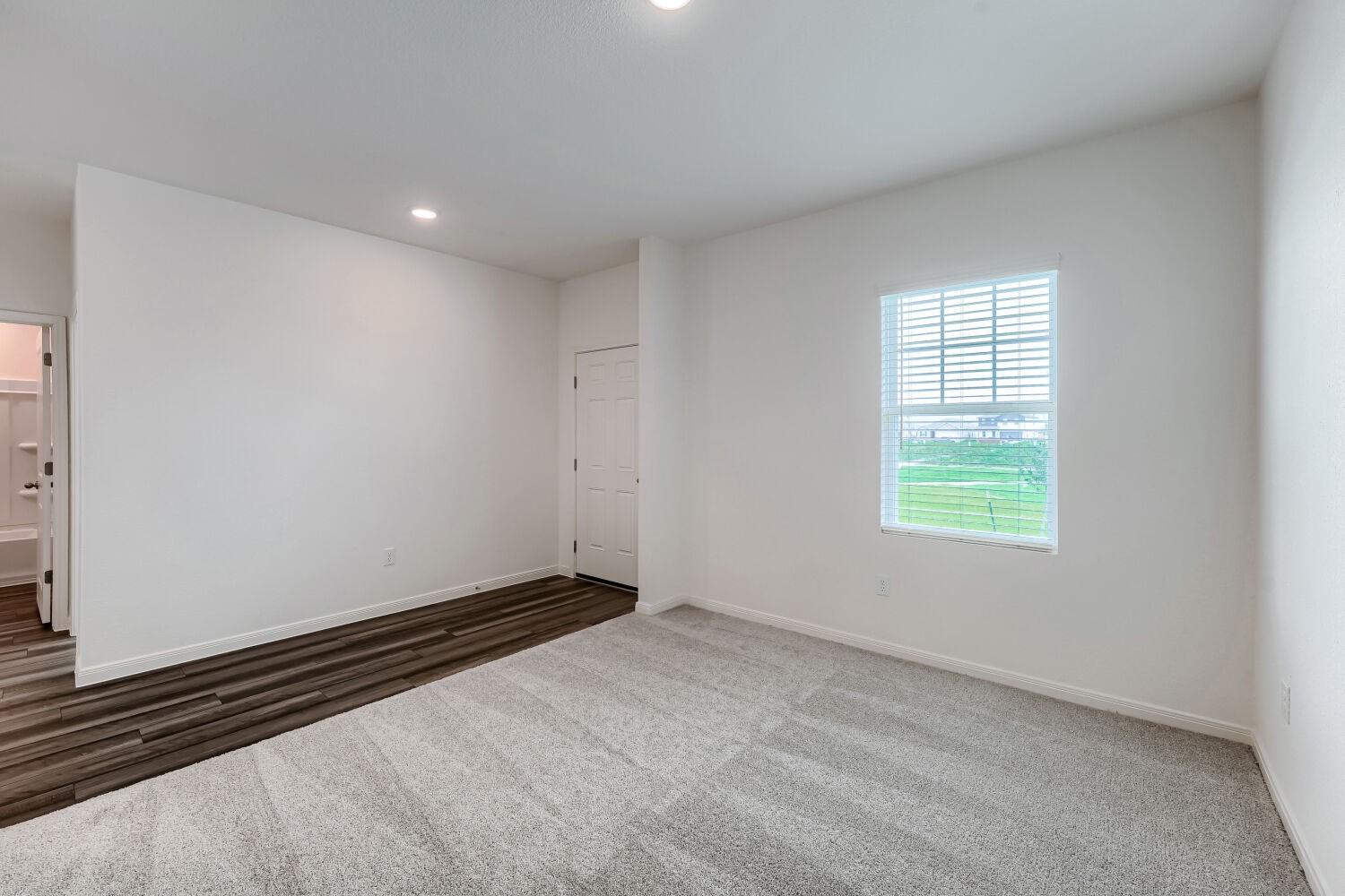 124 Mullen Way Taylor, TX 76574 - Photo 11 of 22 Spacious room featuring light gray carpeting and wood-finish flooring, a window with blinds, recessed lighting, and a white paneled door