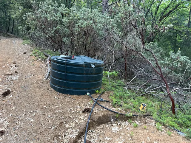 a view of a wooden deck and trees in the background