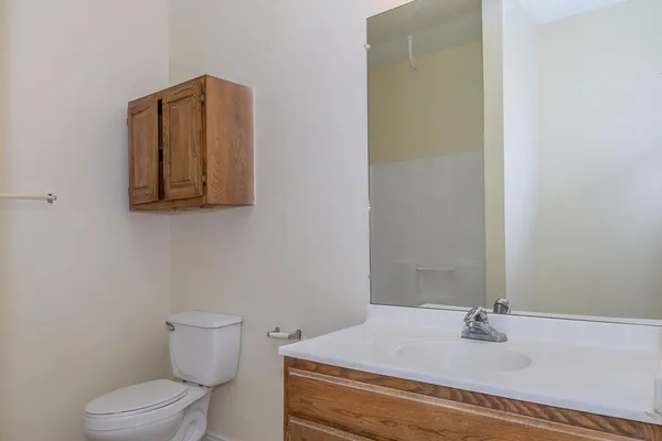 a bathroom with a toilet sink and mirror