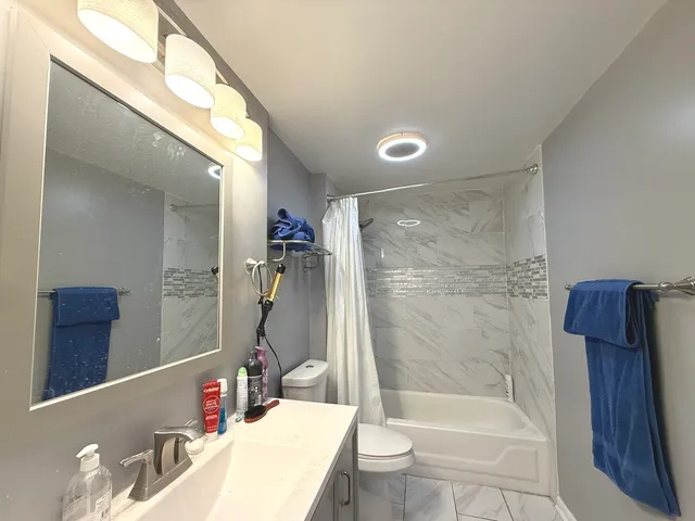 a bathroom with a bathtub shower sink vanity and toilet