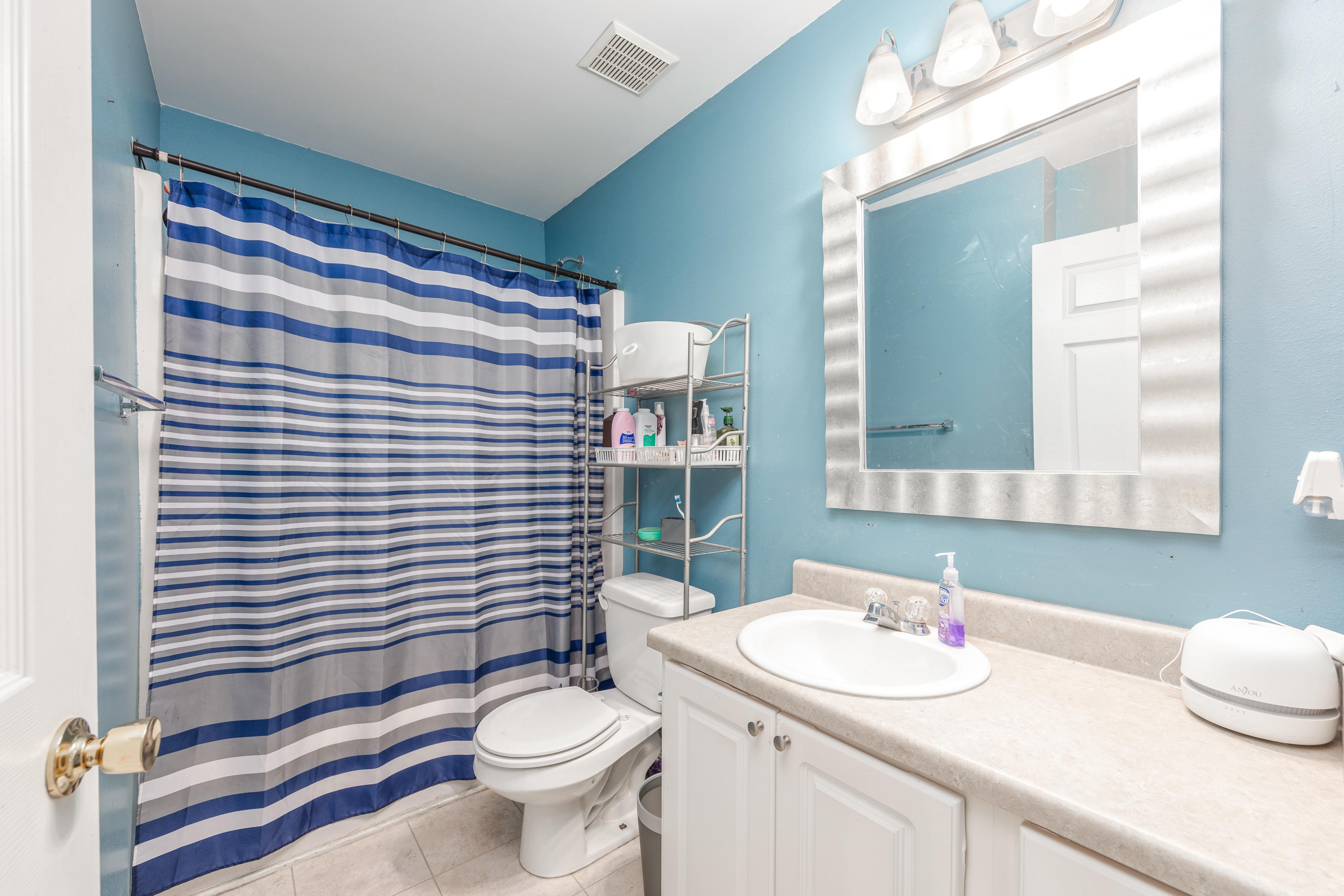 130 Sandstone Trail Crestview, FL 32539 - Photo 16 of 24 a bathroom with a sink a toilet a mirror and shower curtain