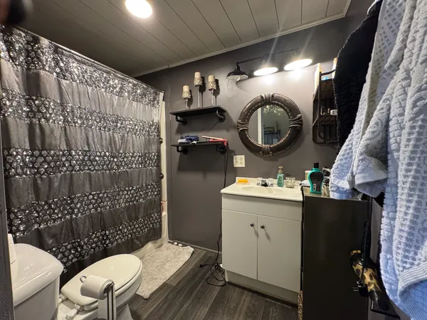 a bathroom with a sink mirror vanity and toilet