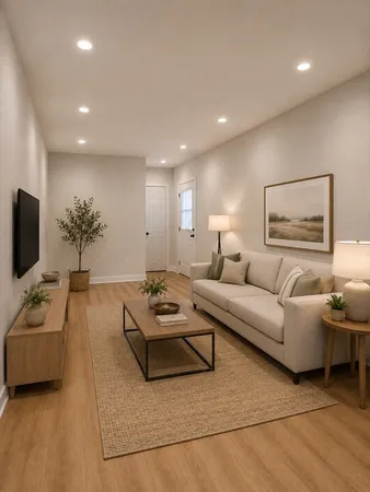 a living room with furniture a flat screen tv and a potted plant
