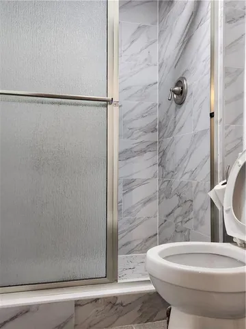 a bathroom with a toilet and a shower