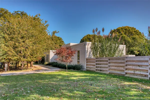 a view of a garden with large trees