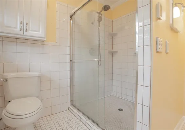 a bathroom with a toilet and a shower