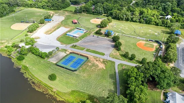 an aerial view of a swimming pool
