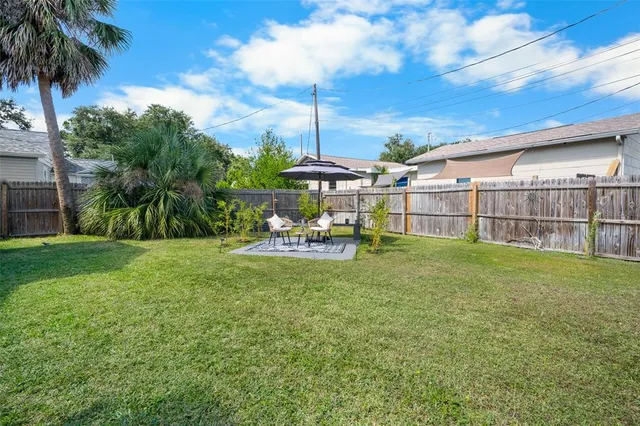 a view of a garden with a slide