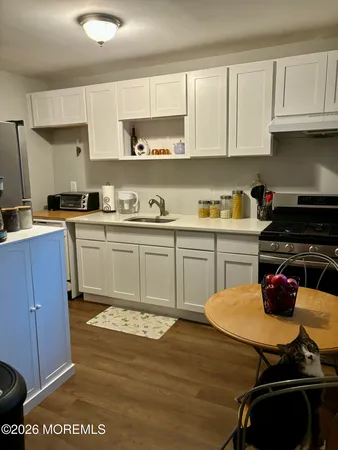a kitchen with a sink a stove and cabinets