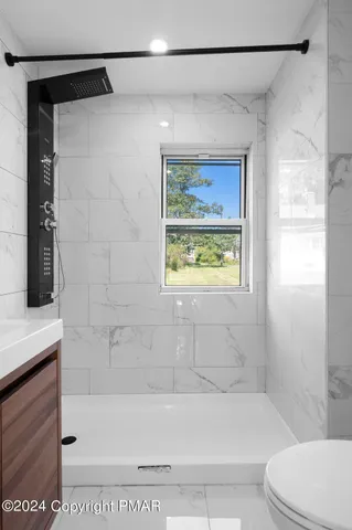 a bathroom with a shower and a toilet