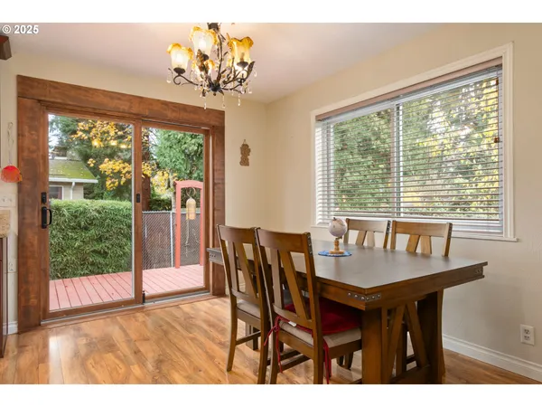 a view of a dining room with furniture large windows and wooden floor