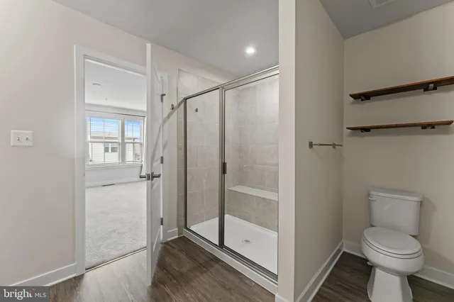 a bathroom with a shower and a toilet