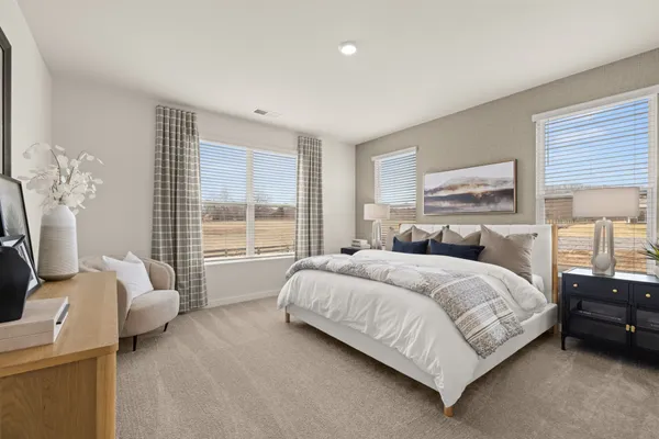 a large bedroom with a bed and window