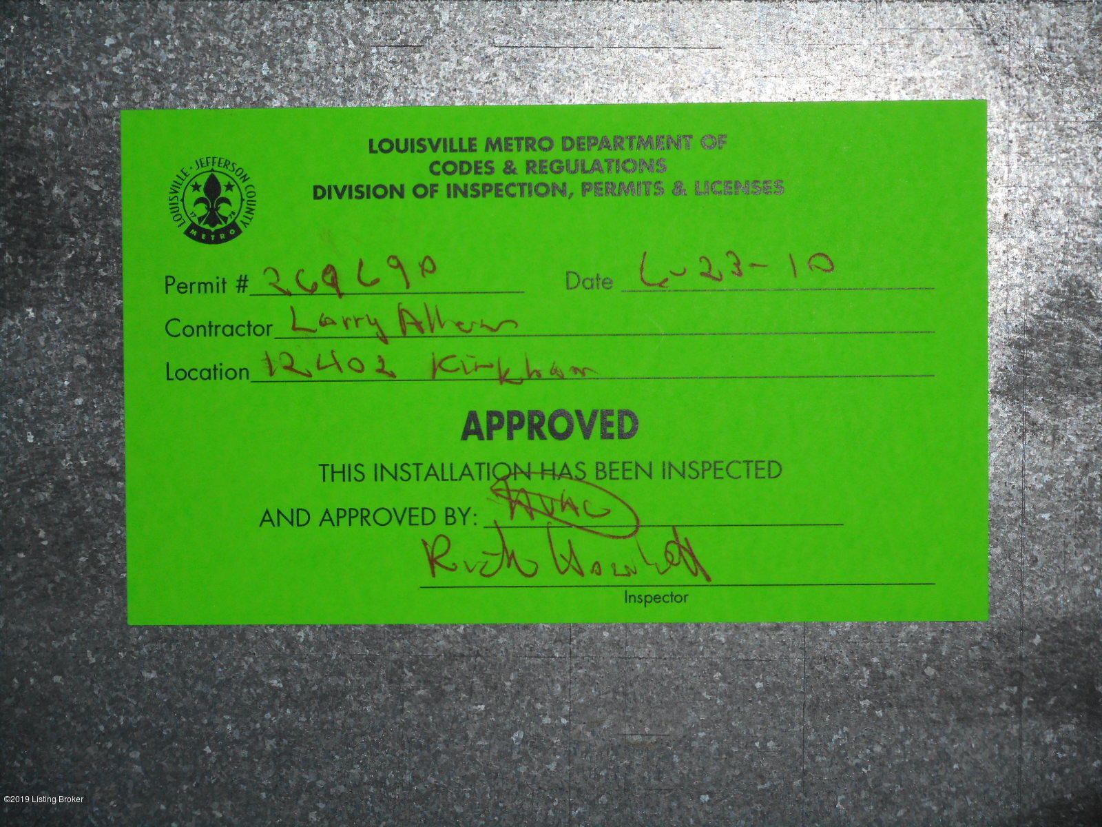 12402 Kirkham Road Louisville, KY 40299 - Photo 36 of 45 Inspection sticker for HVAC