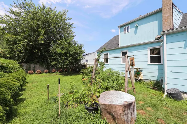 a view of a backyard with plants and a garden