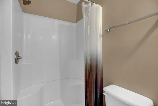 a bathroom with a shower and a toilet