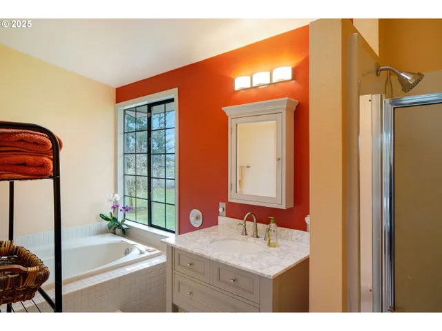 a bathroom with a tub sink and mirror