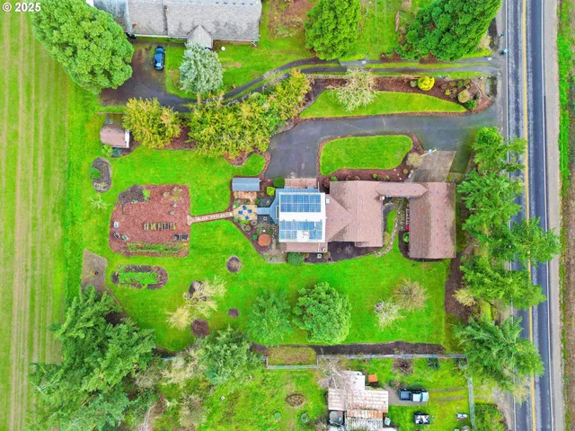 a view of a garden with an outdoor space