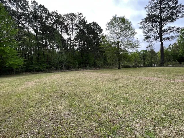 a view of a field with trees in the background