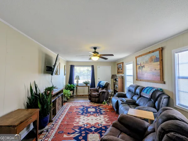 a living room with furniture a flat screen tv and a potted plant