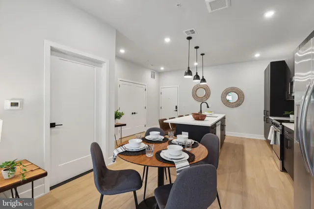 a view of a dining room with furniture