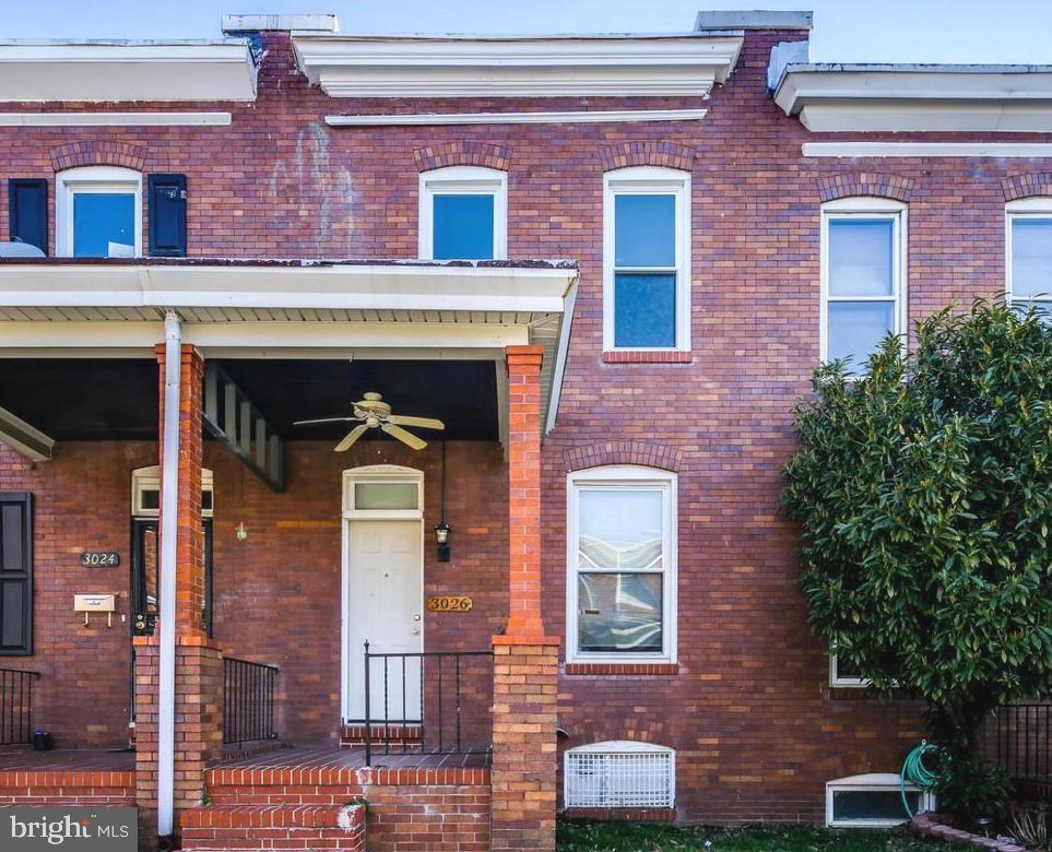 a front view of a building with a door