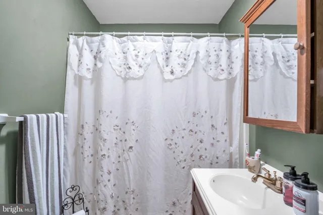 a bathroom with a shower curtain and a sink