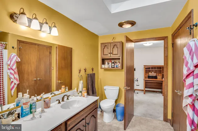 a bathroom with a sink mirror vanity and toilet