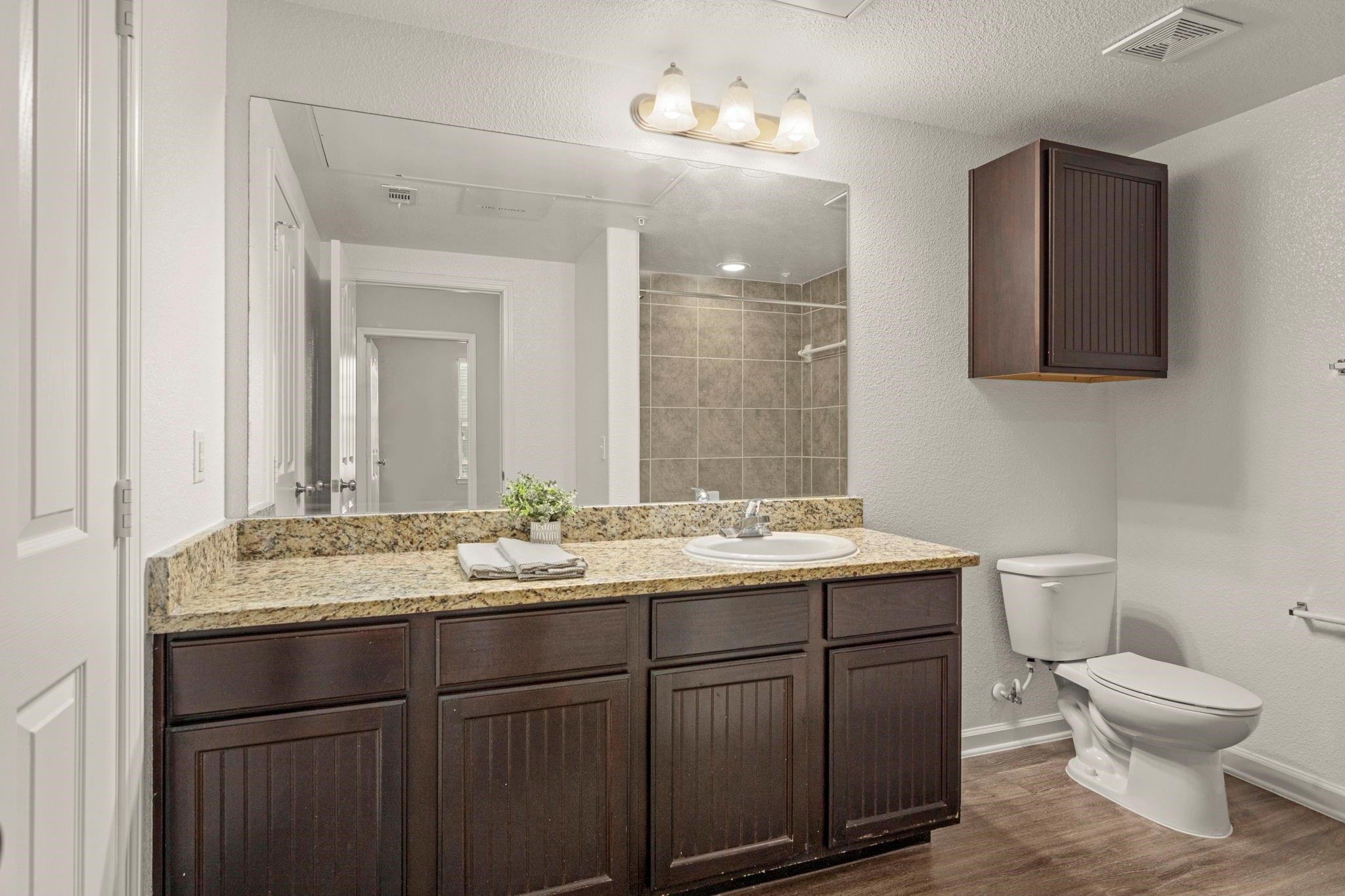 30685 Fm 2978 Road, Unit 4002 Magnolia, TX 77354 - Photo 13 of 16 a bathroom with a granite countertop toilet sink and mirror