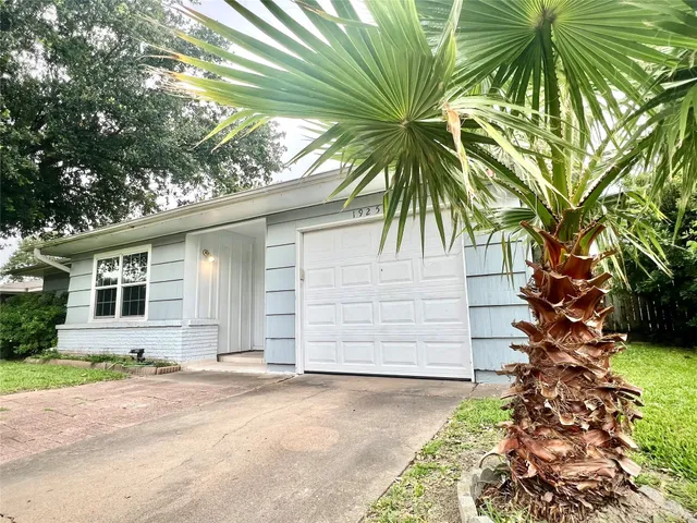 a backyard of a house with potted plants and palm trees