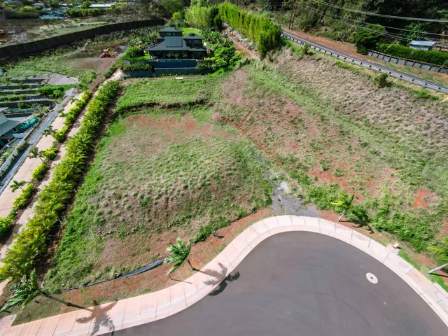 an aerial view of a house with a yard and lake view
