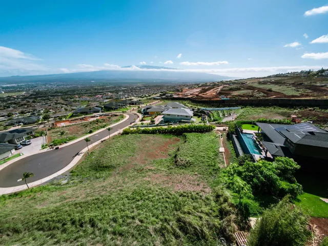an aerial view of residential houses with outdoor space and lake view