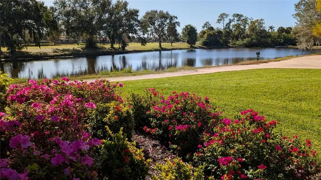 a view of a lake with a garden