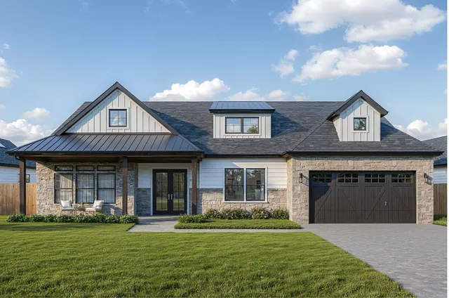 a front view of a house with a garden