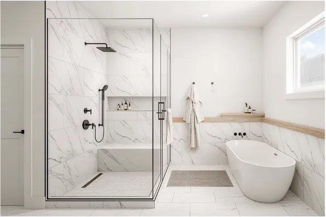 a bathroom with a bathtub and a shower