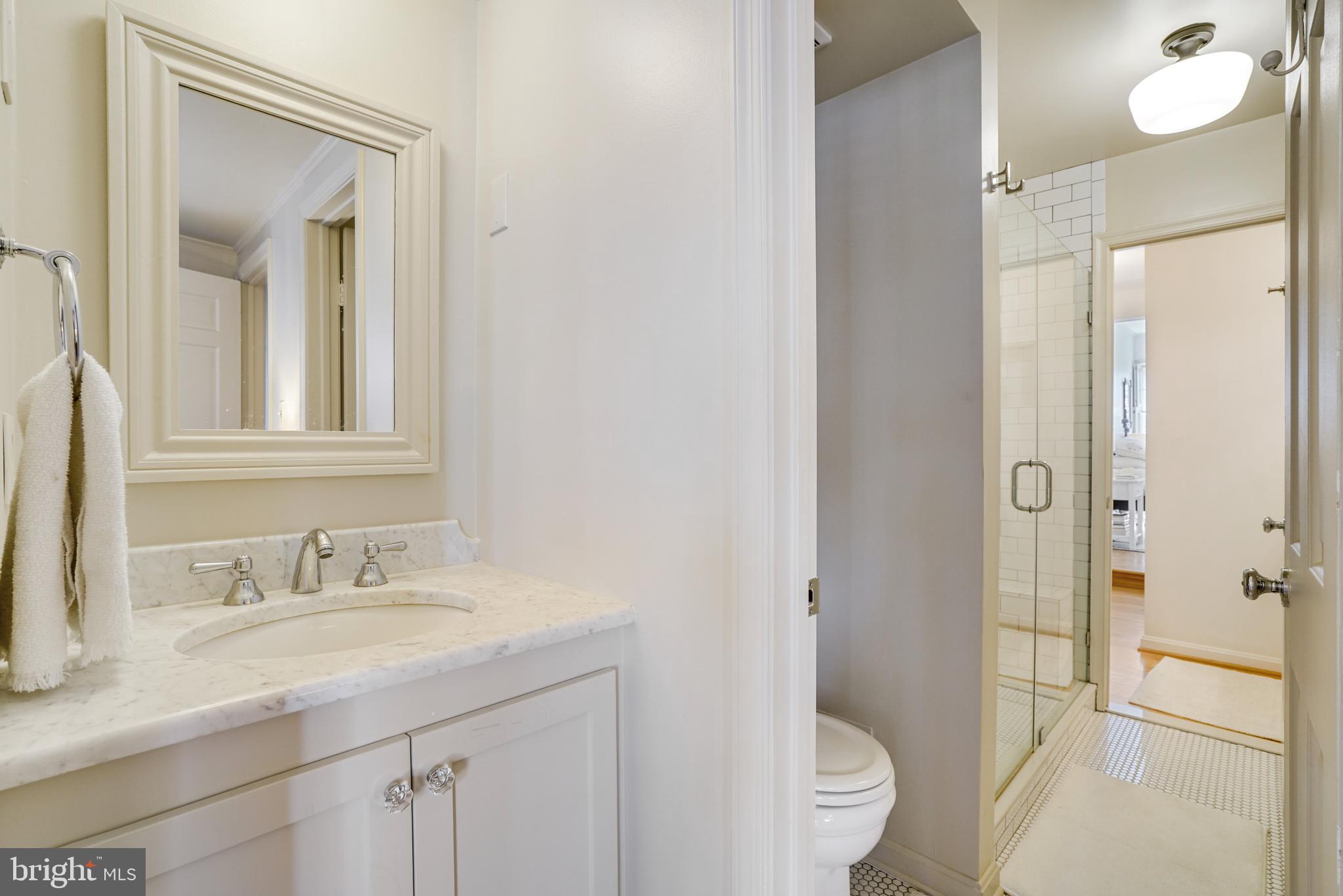 817 Duke Street Alexandria, VA 22314 - Photo 28 of 39 a bathroom with a granite countertop sink toilet and shower